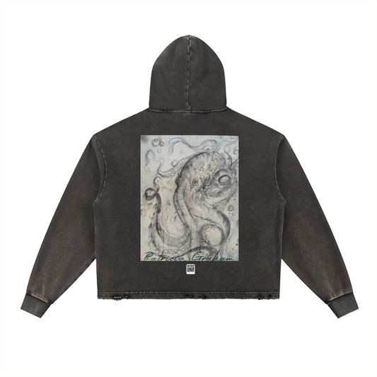 Octopus vintage washed frayed-hem wearable art hoodie by Patricia Graham